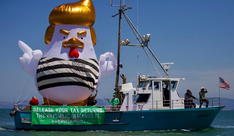 Trump chicken blimp sails to Alcatraz
