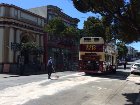 Photo: Tour Bus Stalls, Leaks Oil On Haight