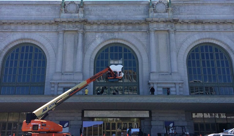 Giant Apple Logo Going Up At Bill Graham Civic Auditorium