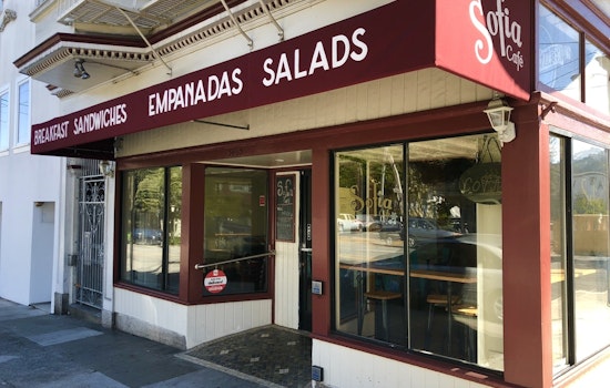 Sofia Café shutters in the Castro; chicken and rice restaurant on the way