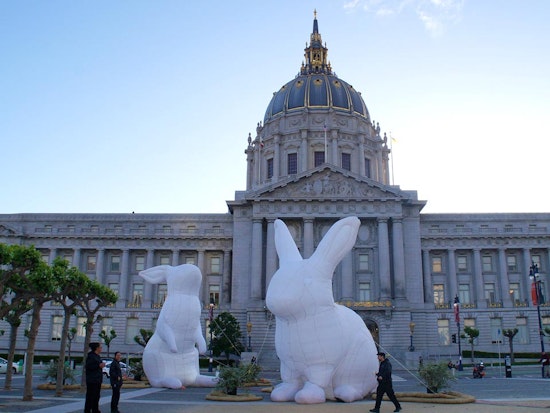 Giant Inflatable Rabbits Rise In Civic Center Plaza Today