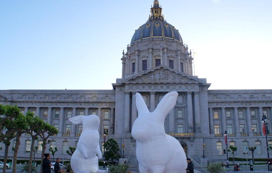 Giant Inflatable Rabbits Rise In Civic Center Plaza Today