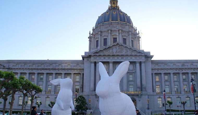 Giant Inflatable Rabbits Rise In Civic Center Plaza Today