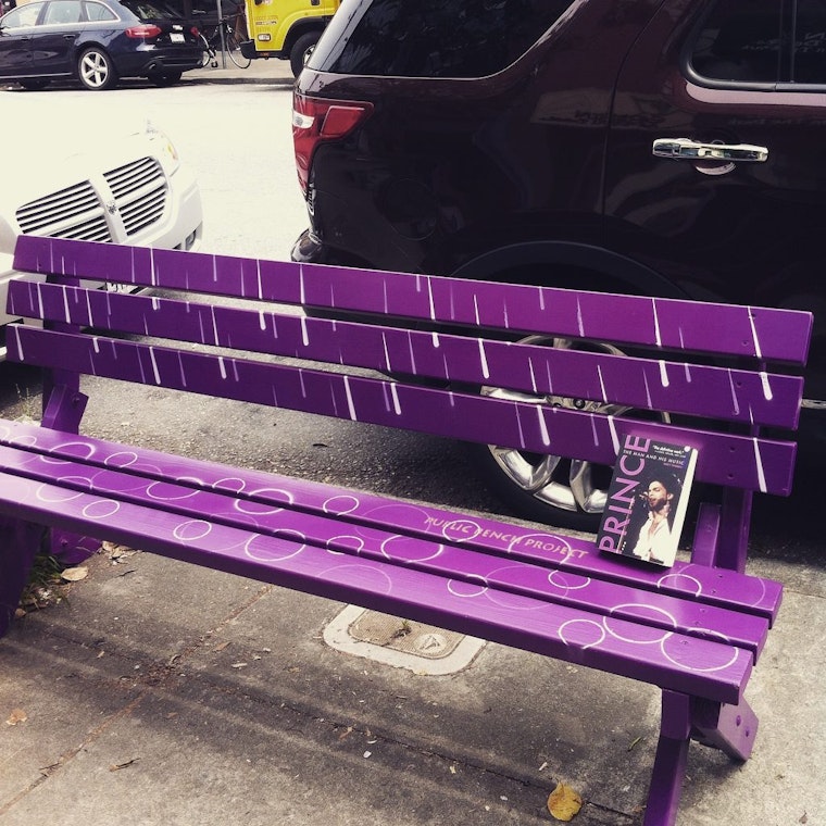 Bench Outside Green Apple Books On The Park Transformed Into Prince Tribute