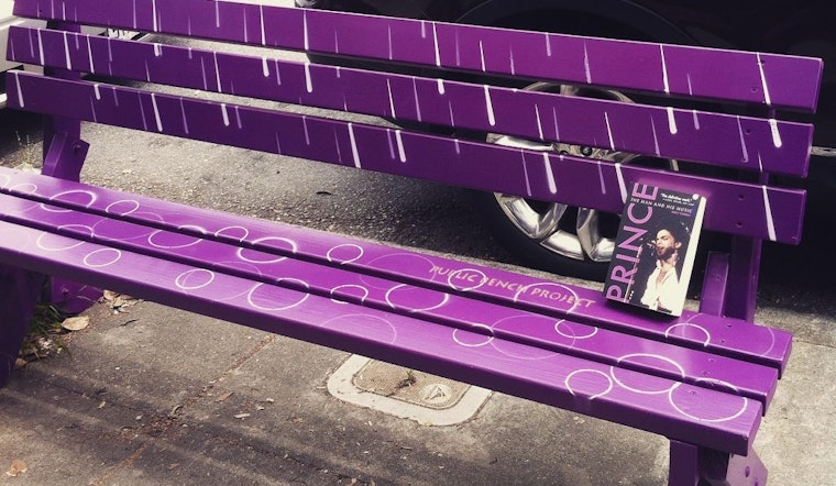 Bench Outside Green Apple Books On The Park Transformed Into Prince Tribute
