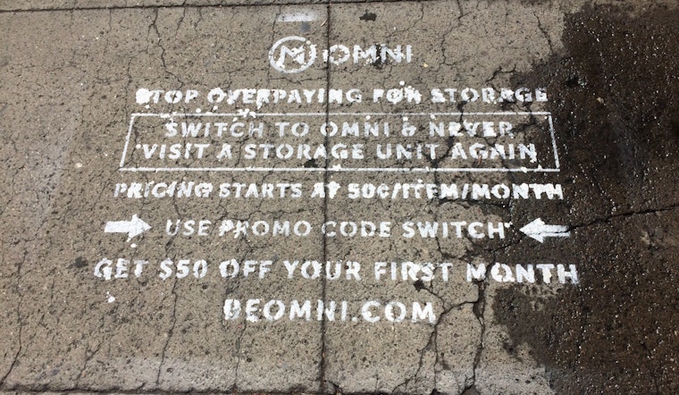 Mission Storage Facility's Sidewalk Covered In Stencils Promoting Competing Storage Startup