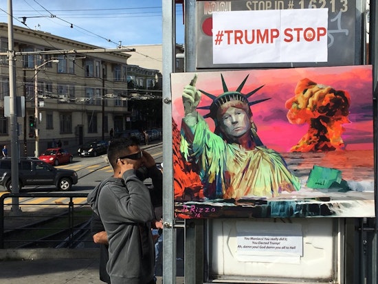 Artists Turn Dolores Park Muni Shelter Into Anti-Trump '#TrumpStop' Installation