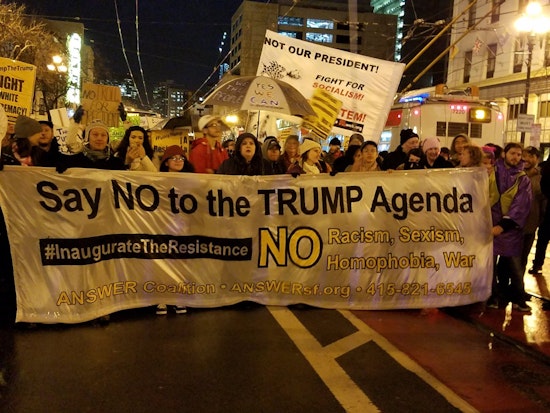 Hundreds March In Evening 'Protest Against Trump' Along Market Street [Updating]