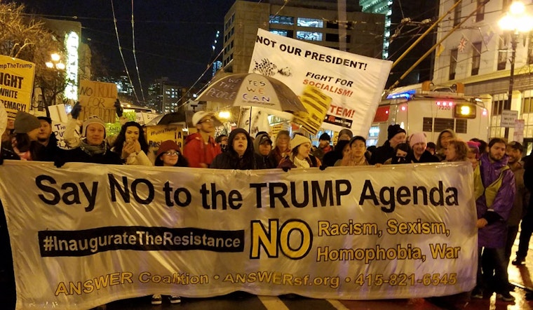 Hundreds March In Evening 'Protest Against Trump' Along Market Street [Updating]