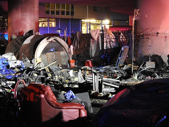 Fire Sweeps City-Sanctioned Encampment Under 580 Freeway, No Injuries Reported