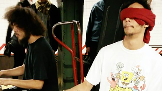Blindfolded Drummer Rocks in New York Subway