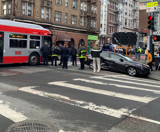 38-Geary bus collides with sedan in Tenderloin, injuring bus driver