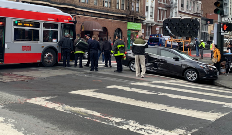 38-Geary bus collides with sedan in Tenderloin, injuring bus driver